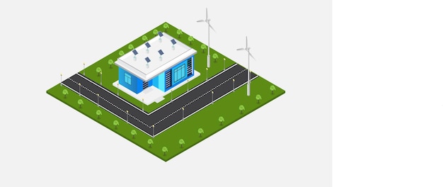 Moderna casa ecologica verde con pannelli solari che producono elettricità sul tetto e turbine eoliche isometriche