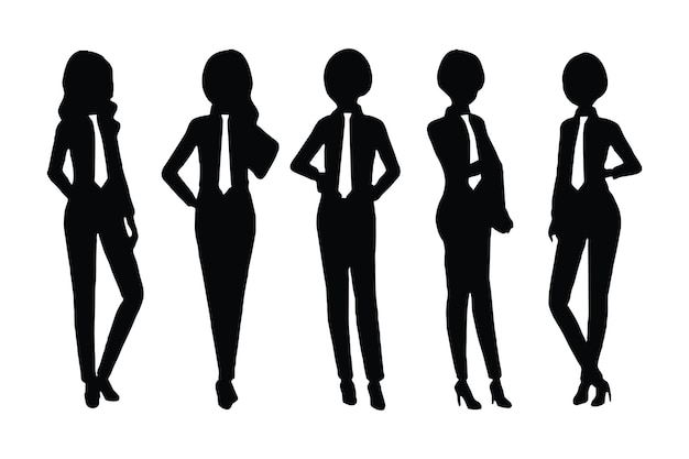 Moderna donna d'affari silhouette set vettoriale su sfondo bianco Donne eleganti che indossano abiti e in piedi in diverse posizioni pacchetto di silhouette modello ragazza anonima che indossa abiti ufficiali