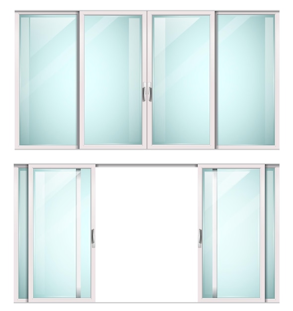 Moderna porta o finestra bianca scorrevole in metallo vettoriale con vetro trasparente