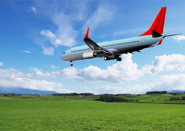 Moderno aereo passeggeri che vola sopra bellissimi campi verdi in una giornata di sole con cielo blu