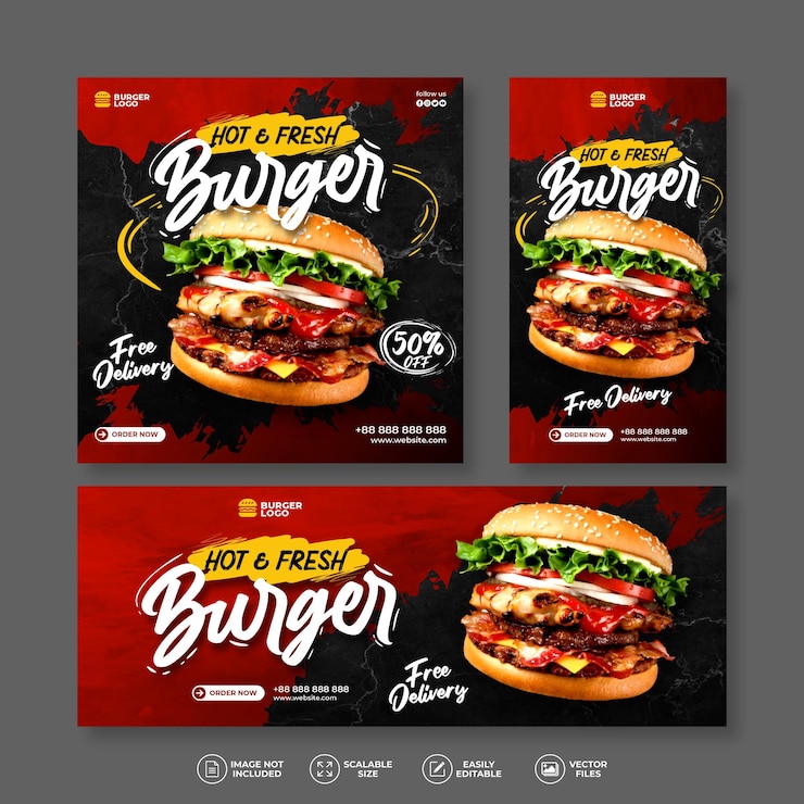 Vettore moderno ed elegante food ristorante fresco delizioso burger bundle bundle set per i social media post