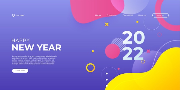 Moderno felice anno nuovo 2022 e modello di sfondo web della pagina di destinazione di Buon Natale con stile geometrico colorato di Memphis.