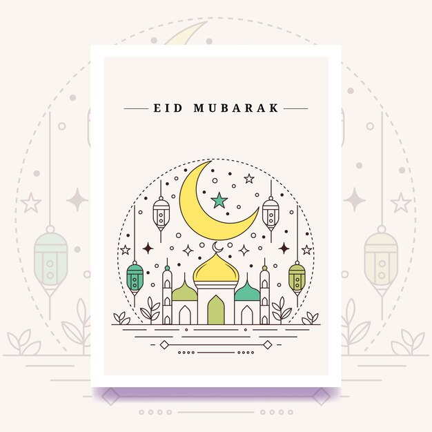 Moderno modello di arte a linea di Eid mubarak illustrazione vettoriale mezzaluna di moschea