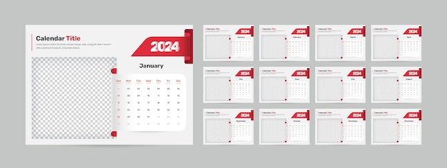 Moderno modello di calendario a scrivania a colore rosso del 2024 con formato di data accurato e segnaposto di immagine
