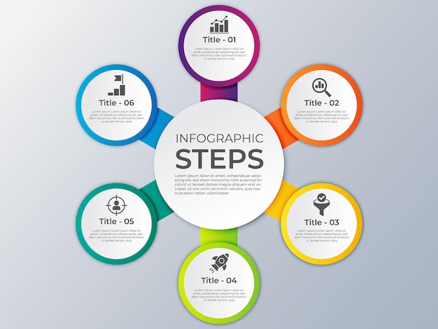 Moderno modello di diagramma di flusso infografico in 6 fasi, illustrazione vettoriale in stile gradiente circolare