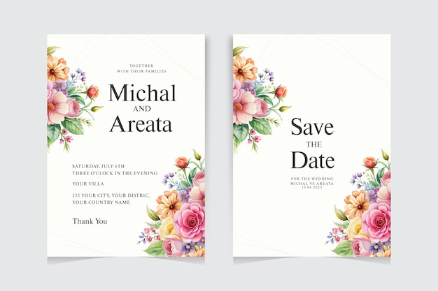 Moderno modello di invito a nozze con un bellissimo set di fiori