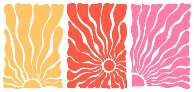 Moderno moderno minimo con sole groovy per il cartellone d'arte da parete modello di cartellone in stile retro psichedelico giallo rosso e rosa colori fiori groovy cartelloni degli anni '70 anni '60 stile hippie vintage estivo