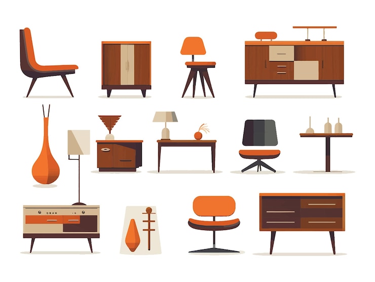 Vettore moderno set di illustrazioni vettoriali di mobili disegno di mobili piatti a cartoni animati con divano poltrona lampada tavola piante di casa designer oggetti alla moda per la casa appartamento o ufficio decorazione interna isolata su bianco