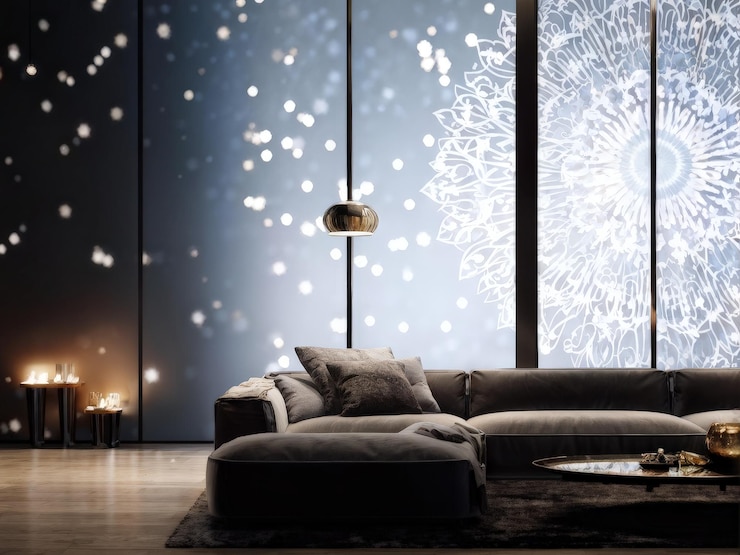 Vettore moderno soggiorno di lusso con albero di natale e divano 3d