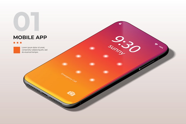 Moderno telefono cellulare con UI di blocco dello schermo, UX e modello di GUI.