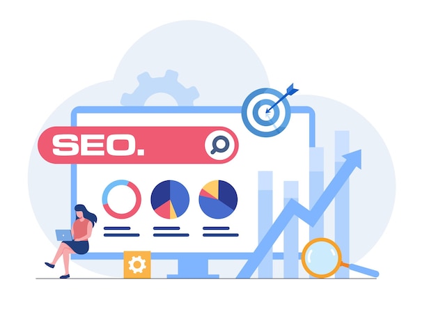 Modifica la posizione della classifica SEO Pagina della schermata di ricerca con lente d'ingrandimento Illustrazione vettoriale stile di design piatto Ottimizzazione per i motori di ricerca SEO Top ranking Concept Flat Vector