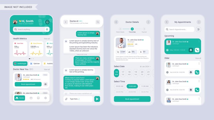 Modulo di schermo mobile per app mediche completamente modificabile e vettoriale in modalità Light