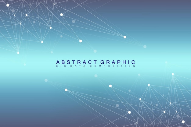 Molecola di sfondo grafico geometrico e comunicazione. Big data complesso con composti. Sfondo prospettico. Matrice minima. Visualizzazione digitale dei dati. Illustrazione vettoriale cibernetica scientifica.