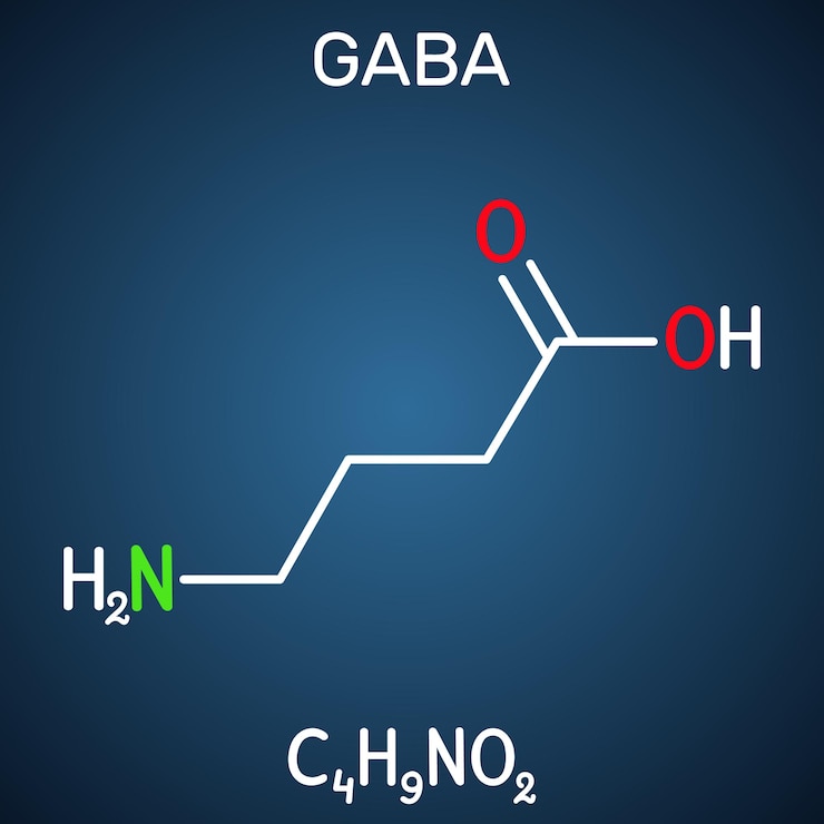 Vettore molecola gaba dell'acido gammaaminobutirico formula chimica strutturale sullo sfondo blu scuro