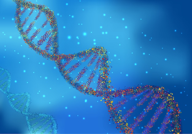 Molecole di DNA multicolore su sfondo di scienza