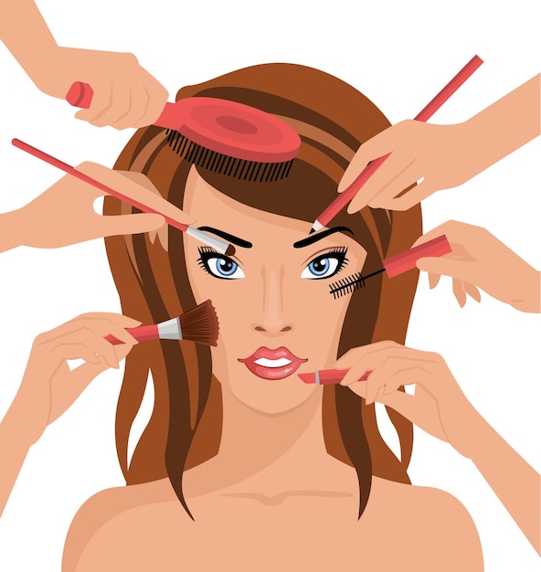 Molte mani con la spazzola dei cosmetici che fanno il trucco dell'illustrazione di vettore della ragazza di fascino