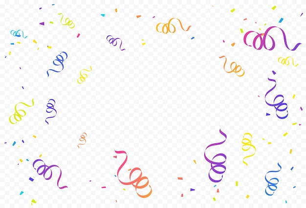 Molti colorati minuscoli confetti e nastri cadono su uno sfondo trasparente per l'evento di celebrazione