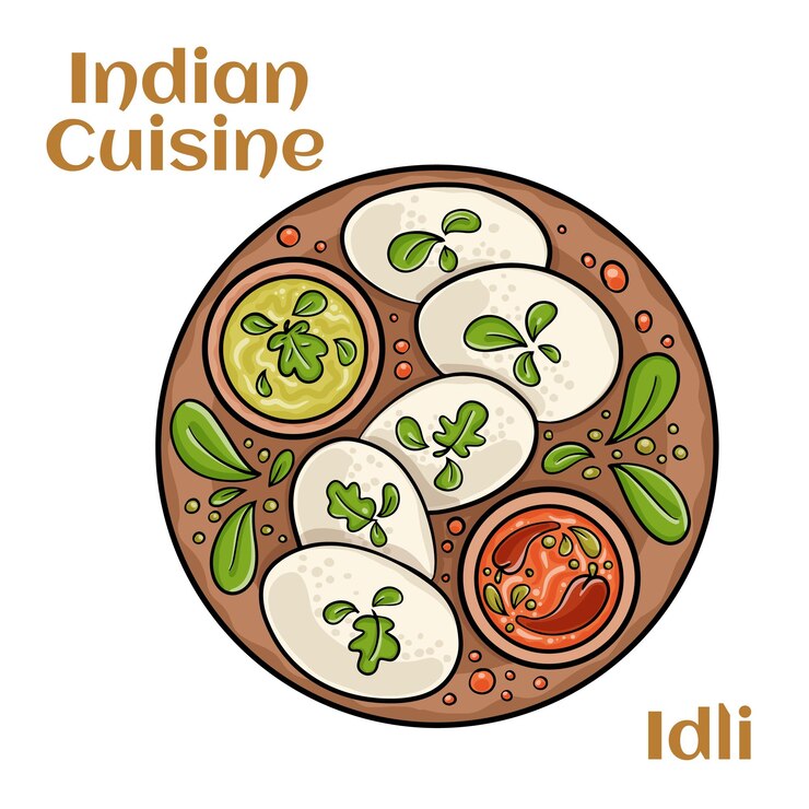 Vettore molti idli o la colazione pigramente popolare del kerala, india meridionale e sri lanka dolci di riso al vapore salutari