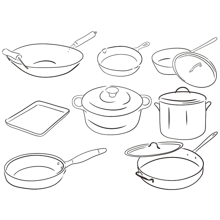 Vettore molti tipi di salsa, padelle, padelle, utensili da cucina, collezione disegnata a mano