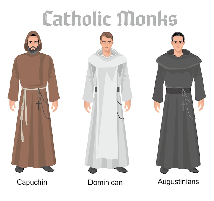 Vettore monaci cattolici in abiti illustrazione piatta