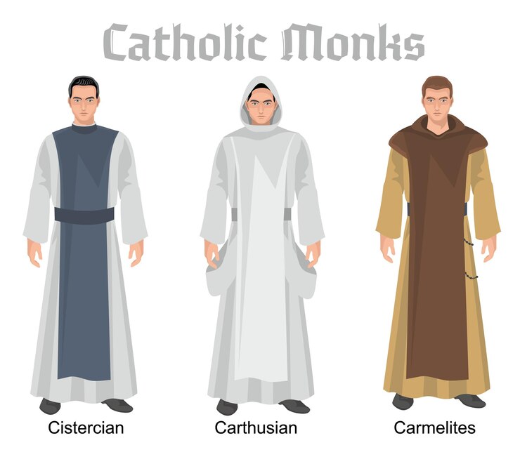 Vettore monaci cattolici in abiti illustrazione piatta