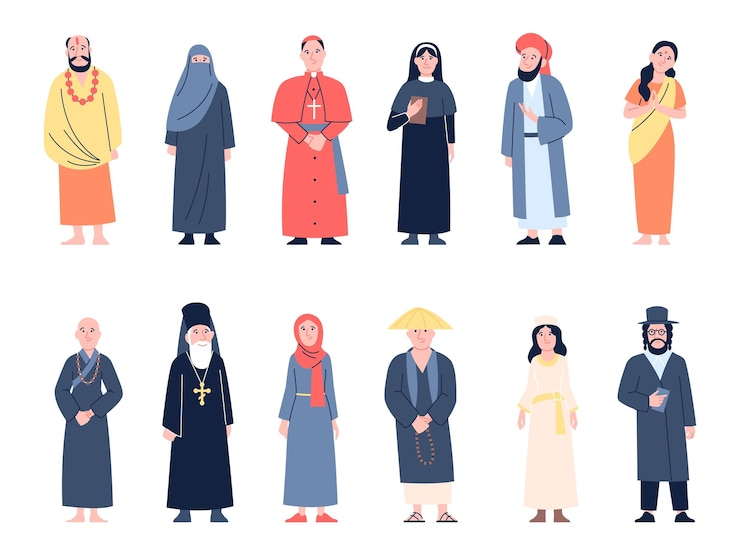 Vettore monaci e suore persone religiose in abiti tradizionali suore e sacerdote caratteri piatti cattolico ortodosso induismo musulmano vettore recente uomini e donne