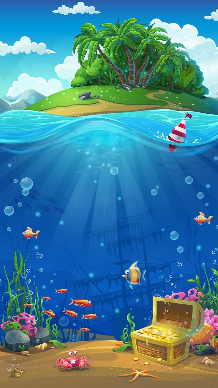 Mondo sottomarino con formato mobile dell'isola. Paesaggio di vita marina: l'oceano e il mondo sottomarino con diversi abitanti.