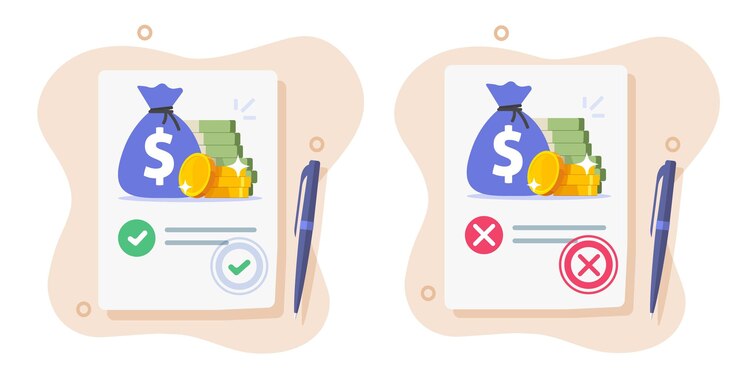 Vettore monero prestare prestare prestito documento finanziario approvato e rifiutato set grafico vettoriale di icone respinto