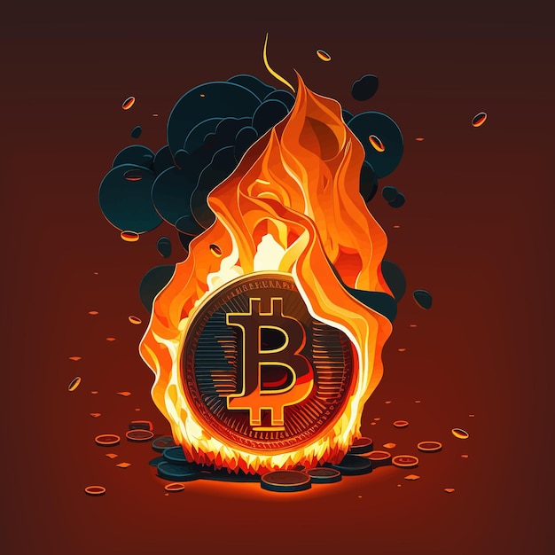 Moneta bitcoin sull'illustrazione dell'arte del fuoco Emblema bitcoin in fiamme EPS vettoriale 10