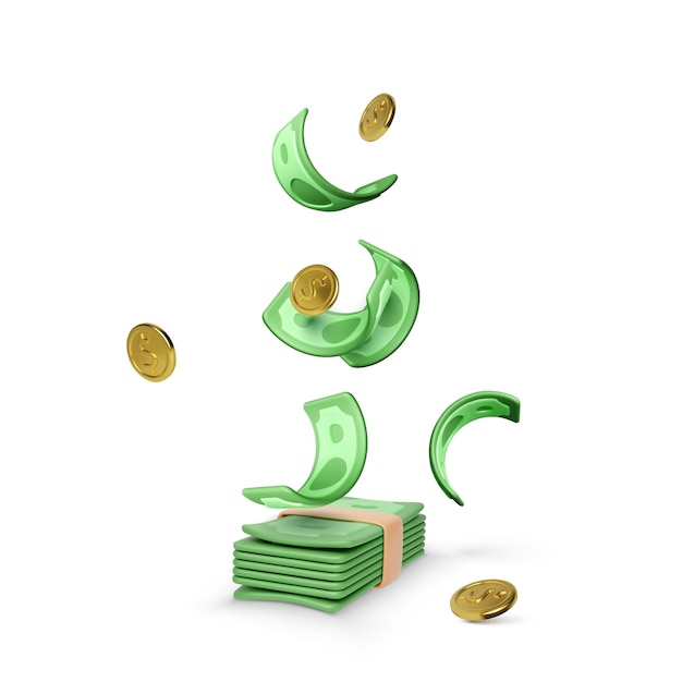 Moneta cartacea che cade a mazzetta di denaro Mazzo di contanti con monete d'oro e dollari verdi Pila di soldi in stile cartone animato realistico Illustrazione vettoriale