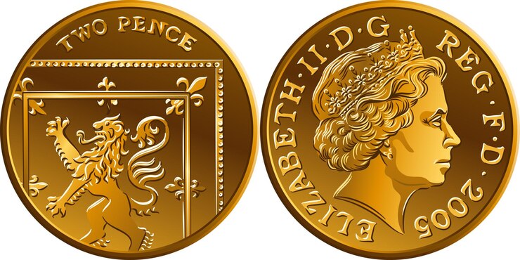 Vettore moneta d'oro britannica vettoriale due pipì o 2 pence inverse con segmento della regina dello scudo reale sul dritto