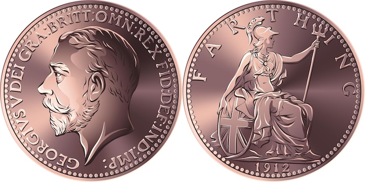 Vettore moneta di bronzo dei soldi di vettore farthing britannico re george v sul dritto britannia sul retro