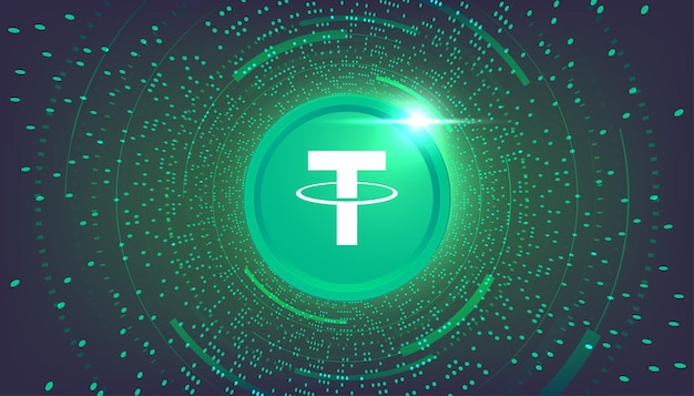 Moneta Tether o USDT con banner a tema criptovaluta