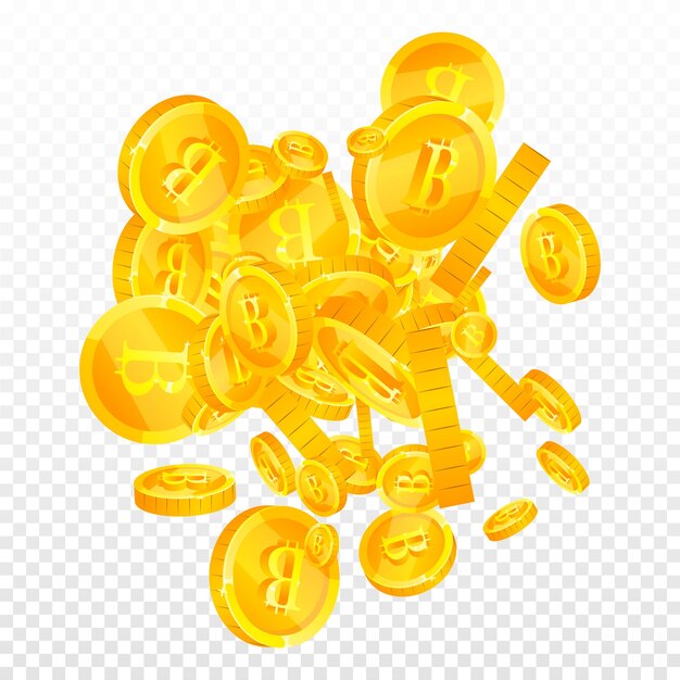 Monete Bitcoin che cadono Criptovaluta sparsi