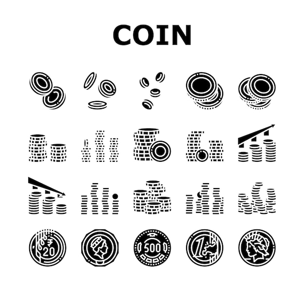 Monete, denaro, oro, contanti, icone bancarie, set di vettori
