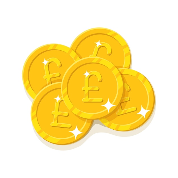 Monete in sterline d'oro in stile cartone animato isolate Cinque monete d'oro per designer e illustratori Alcuni pezzi d'oro sotto forma di illustrazione vettoriale.