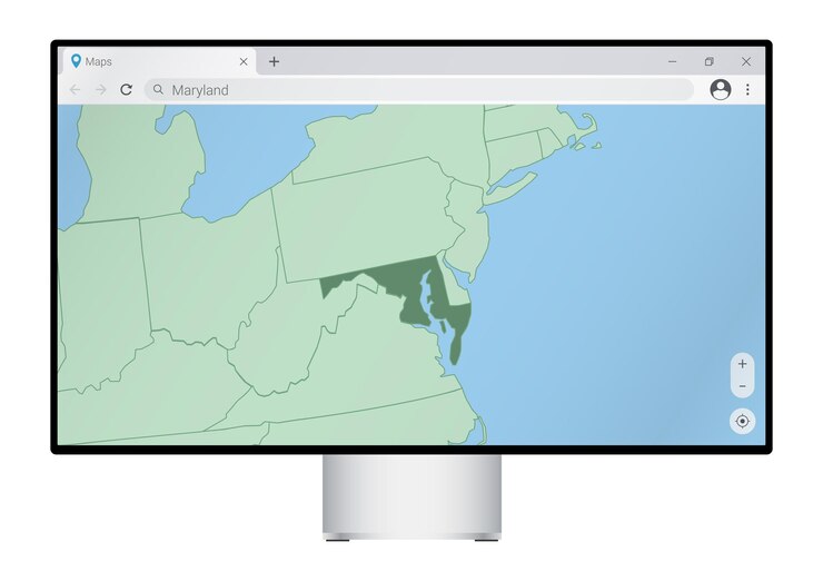 Vettore monitor del computer con mappa del maryland nella ricerca del browser per il paese del maryland sul programma di mappatura web