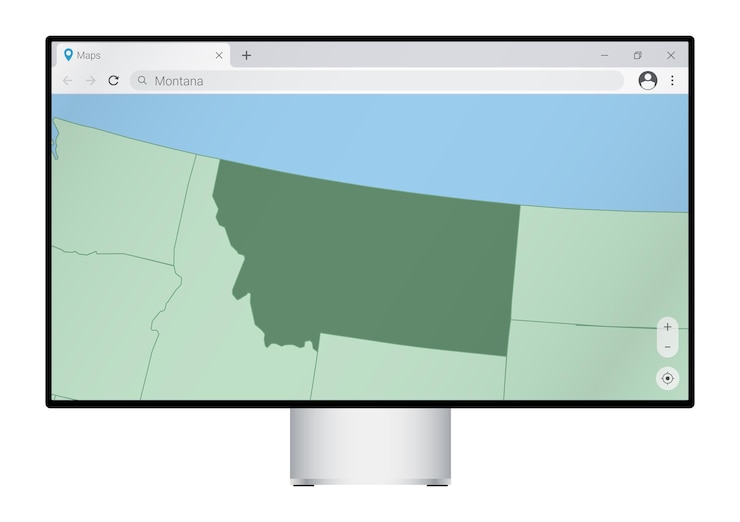 Vettore monitor del computer con mappa del montana nella ricerca del browser per il paese del montana sul programma di mappatura web