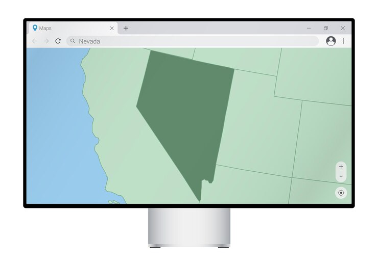 Vettore monitor del computer con mappa del nevada nella ricerca del browser per il paese del nevada sul programma di mappatura web