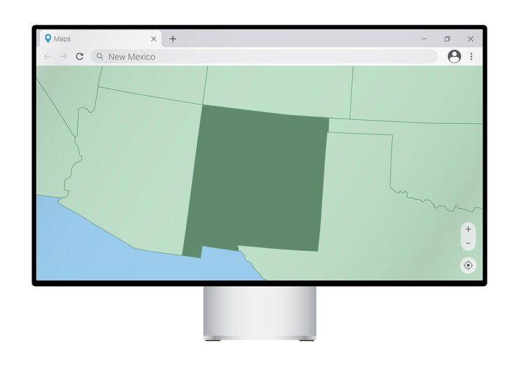 Vettore monitor del computer con mappa del new mexico nella ricerca del browser per il paese del new mexico sul programma di mappatura web