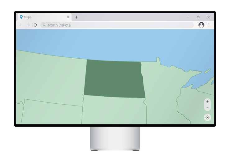 Vettore monitor del computer con mappa del nord dakota nella ricerca del browser per il paese del nord dakota sul programma di mappatura web