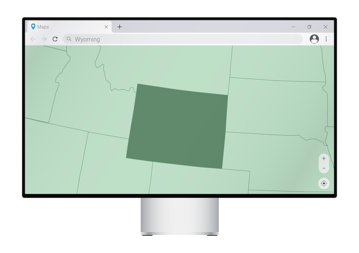 Vettore monitor del computer con mappa del wyoming nella ricerca del browser per il paese del wyoming sul programma di mappatura web