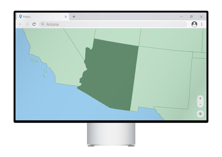 Vettore monitor del computer con mappa dell'arizona nella ricerca del browser per il paese dell'arizona sul programma di mappatura web