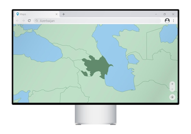 Monitor del computer con mappa dell'Azerbaigian nel browser, cercare il paese dell'Azerbaigian sul programma di mappatura web.