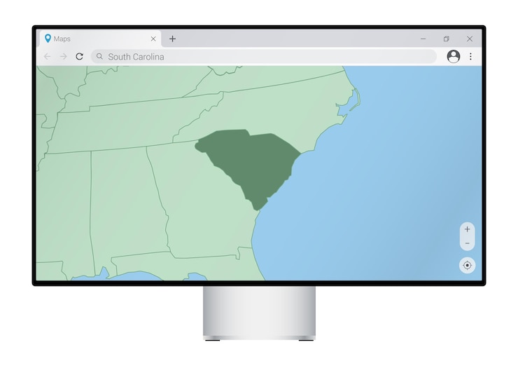 Vettore monitor del computer con mappa della carolina del sud nella ricerca del browser per il paese della carolina del sud sul programma di mappatura web