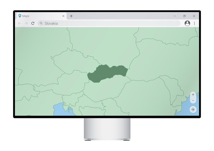 Vettore monitor del computer con mappa della slovacchia nel browser, cercare il paese della slovacchia sul programma di mappatura web.