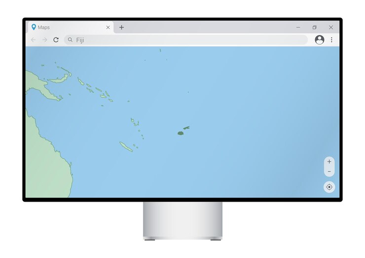 Vettore monitor del computer con mappa delle fiji nella ricerca del browser per il paese delle fiji sul programma di mappatura web