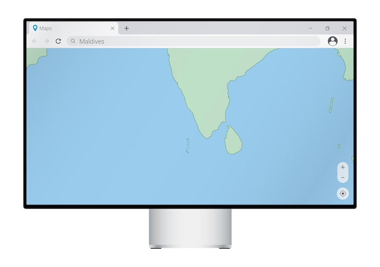 Vettore monitor del computer con mappa delle maldive nel browser, cercare il paese delle maldive sul programma di mappatura web.