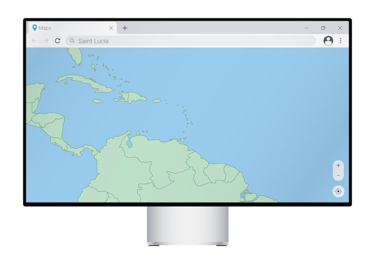 Vettore monitor del computer con mappa di santa lucia nel browser cerca il paese di santa lucia sul programma di mappatura web