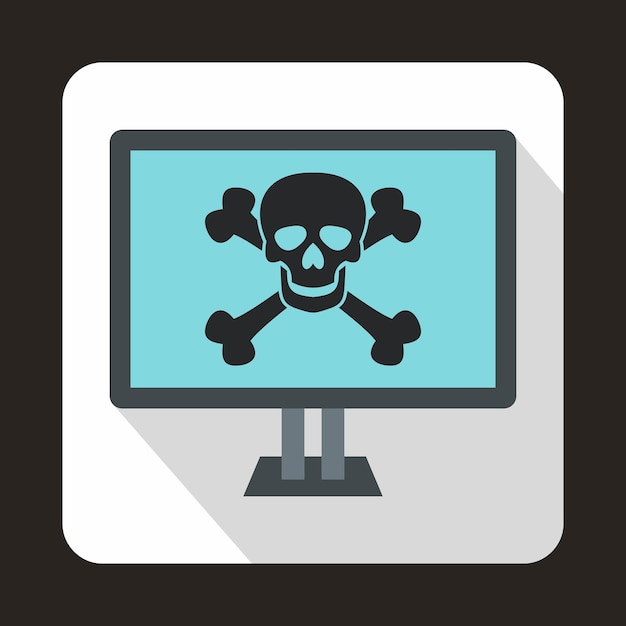 Monitor del computer con un'icona di teschio e ossa in stile piatto su sfondo bianco